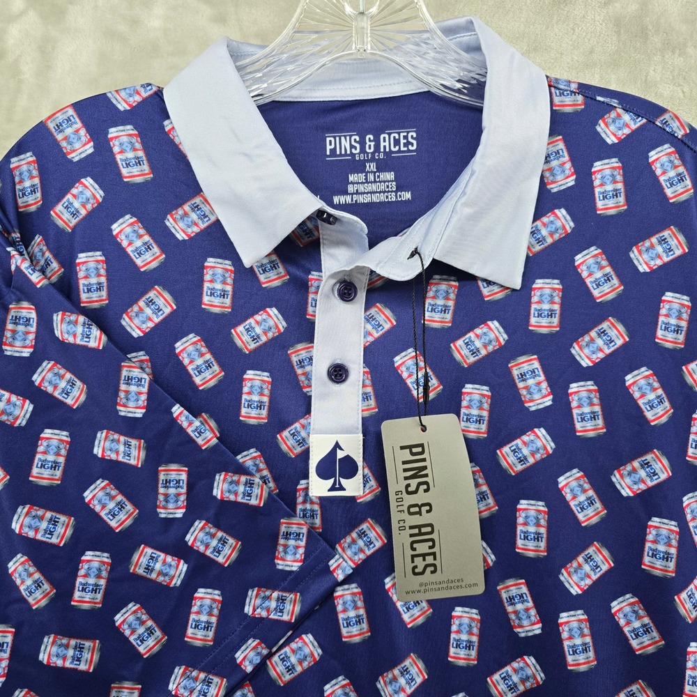 Pins & Aces Golf Polo Mens XXL Blue Budweiser Light Beer Performance Shirt